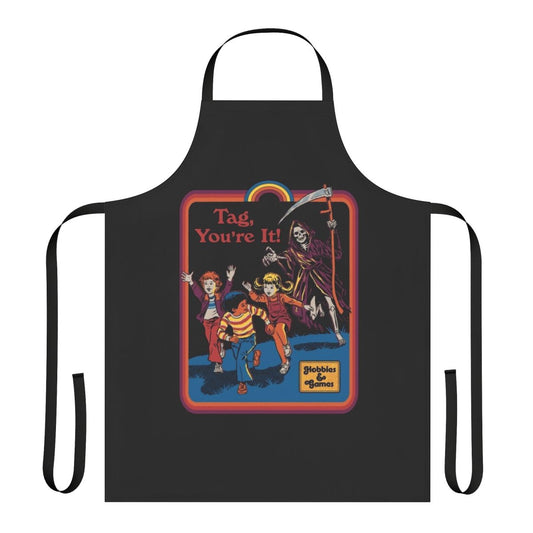 Retro horror-themed apron featuring the Grim Reaper and a "Tag, You're It" design