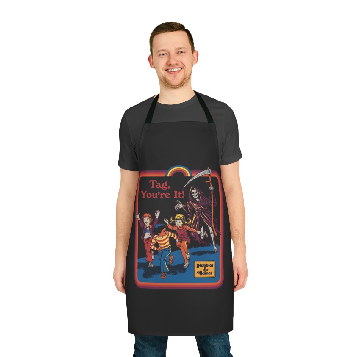 Retro horror-themed apron featuring the Grim Reaper and a "Tag, You're It" design