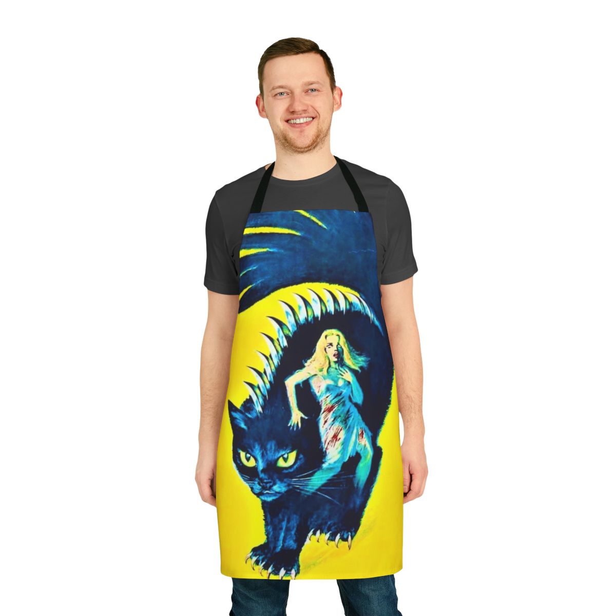 Retro-style apron with imagery inspired by the 1971 cult classic horror film "Cat O' Nine Tails"