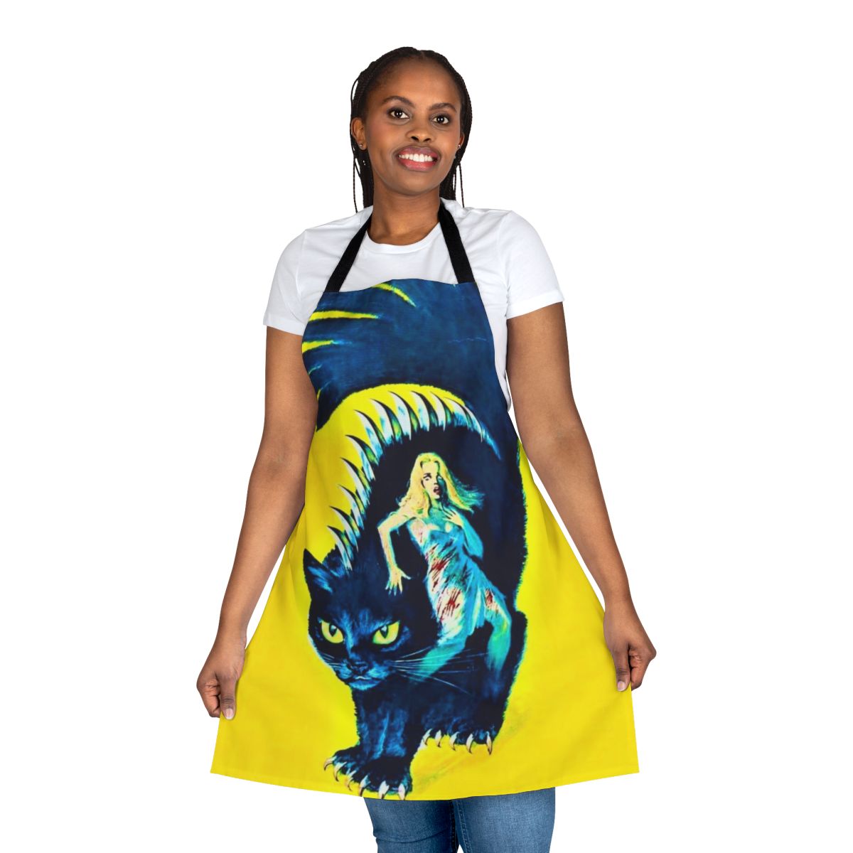 Retro-style apron with imagery inspired by the 1971 cult classic horror film "Cat O' Nine Tails"