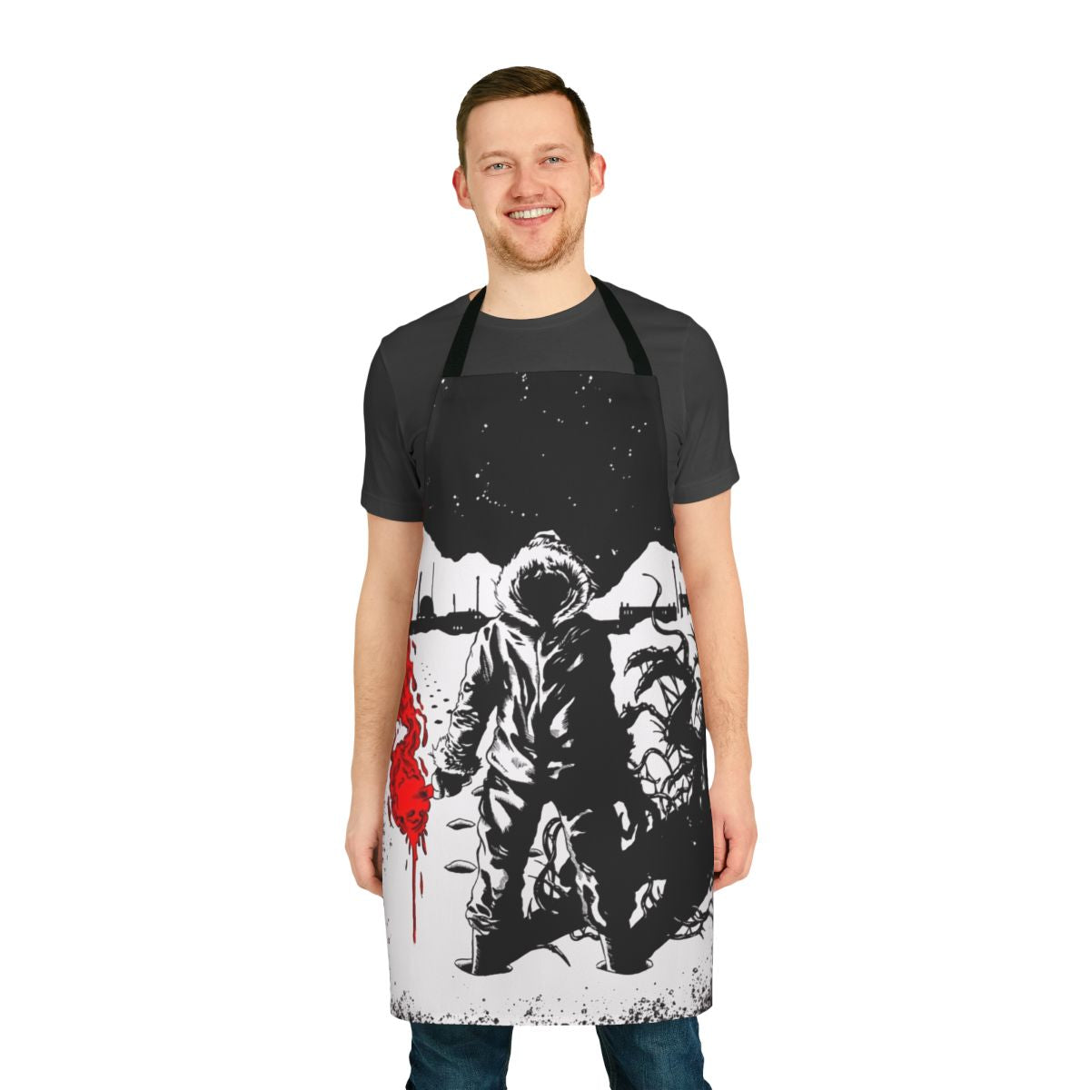 Retro horror-inspired apron featuring The Thing, Alien, Predator, and other iconic 80s cult films.