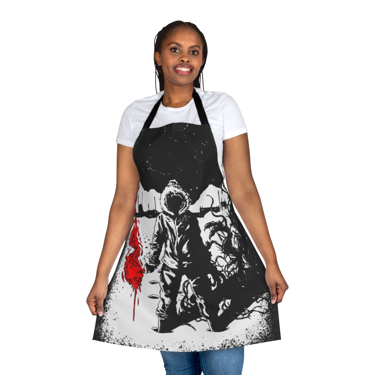 Retro horror-inspired apron featuring The Thing, Alien, Predator, and other iconic 80s cult films.