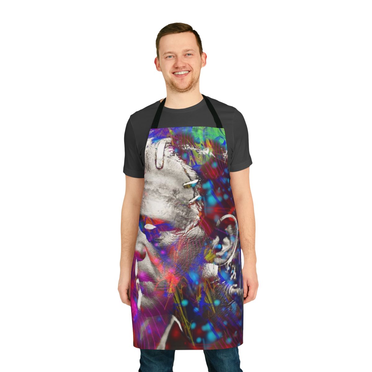 Frankenstein-inspired apron featuring a colorful, contemporary design