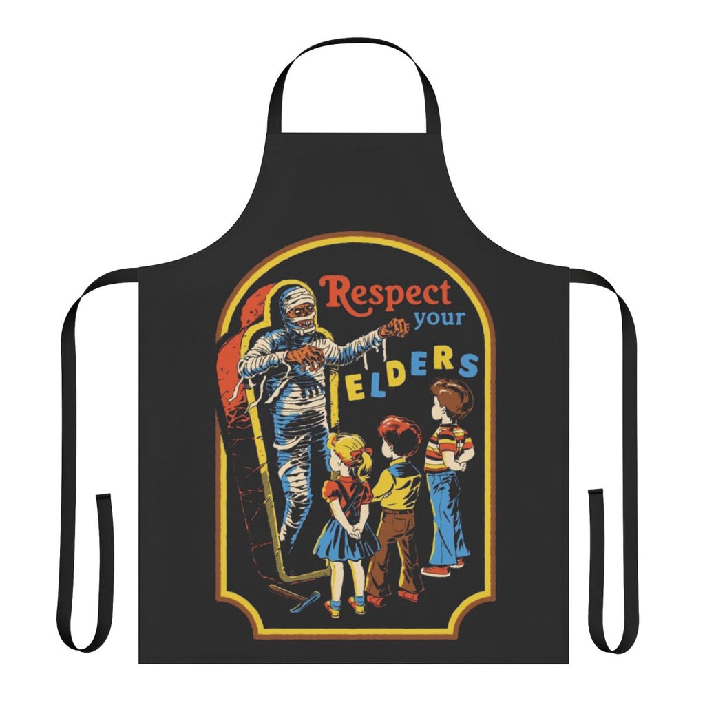 A retro-style apron featuring a humorous horror-inspired "Respect Your Elders" design.