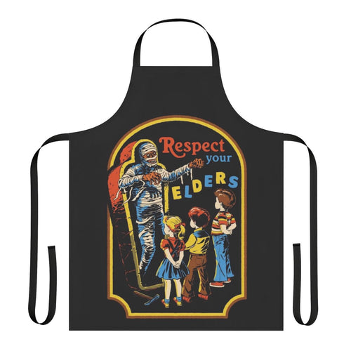 A retro-style apron featuring a humorous horror-inspired "Respect Your Elders" design.