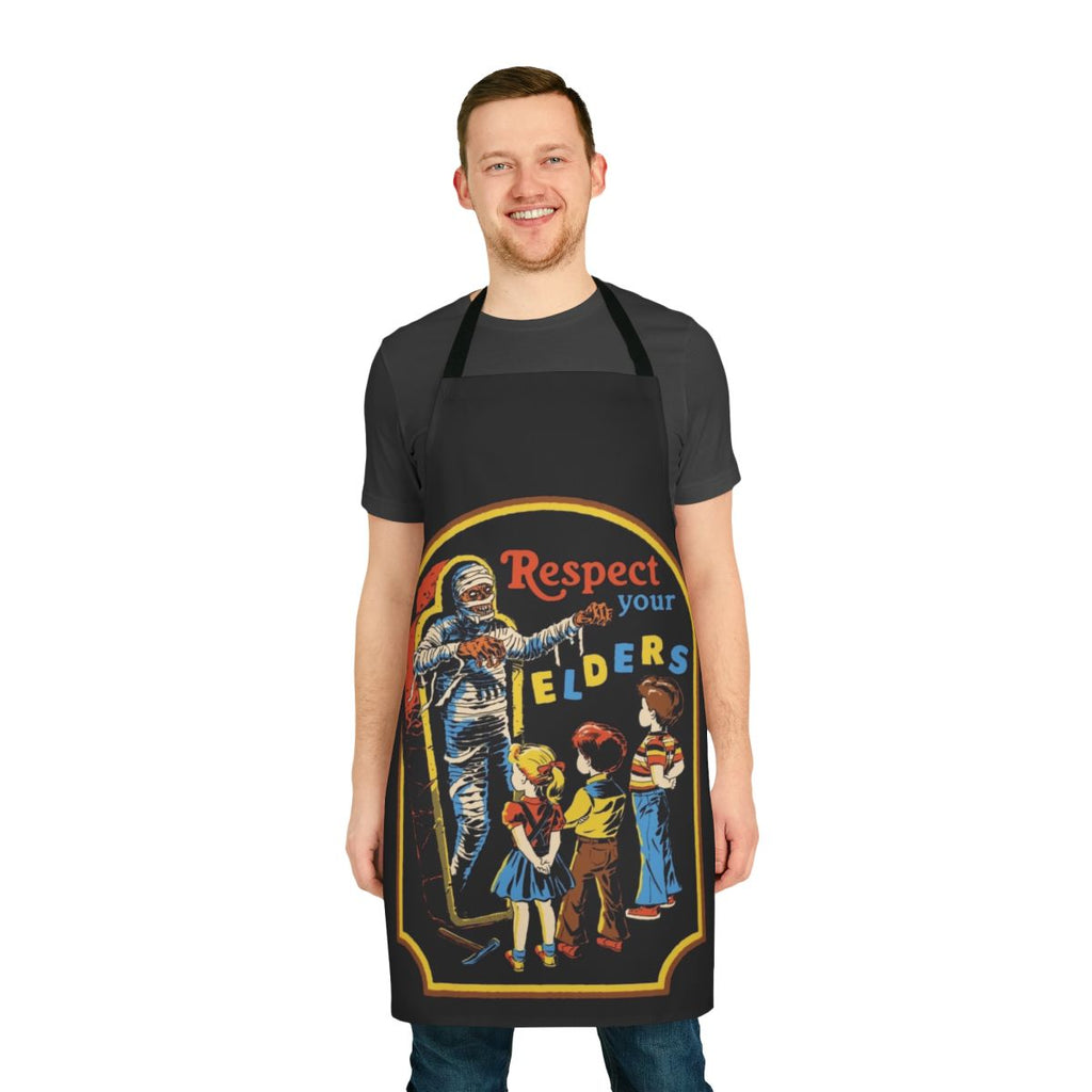 A retro-style apron featuring a humorous horror-inspired "Respect Your Elders" design.