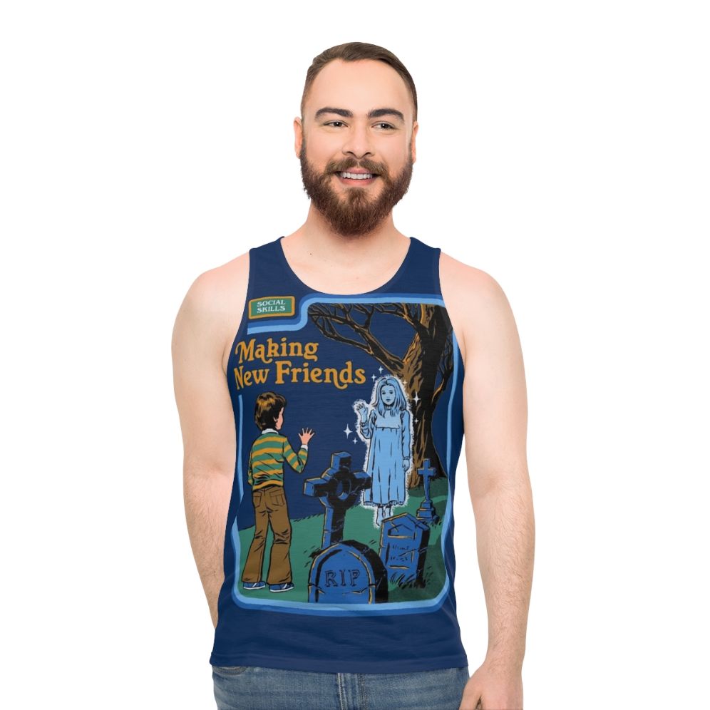 Retro horror-themed unisex tank top with "Making New Friends" design
