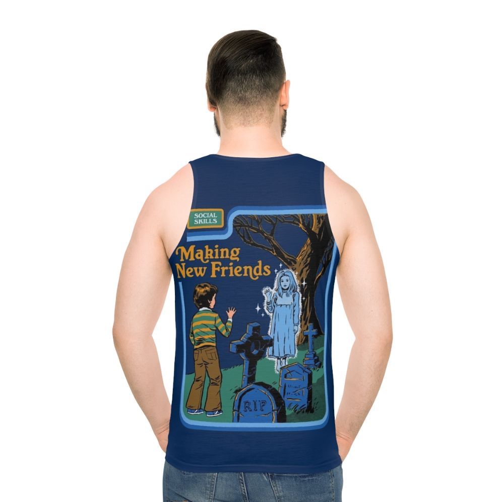 Retro horror-themed unisex tank top with "Making New Friends" design