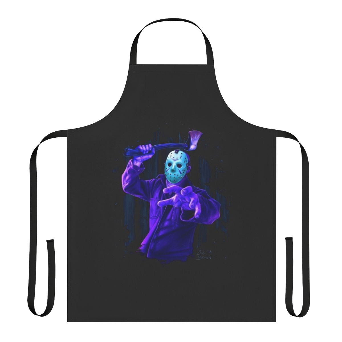 8-bit horror movie themed kitchen apron with a hockey mask design