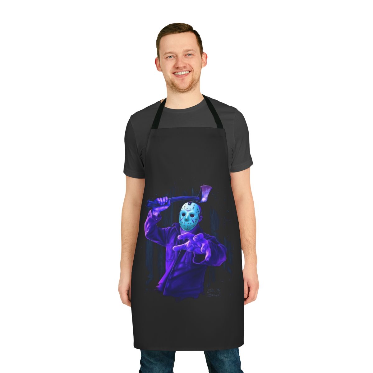 8-bit horror movie themed kitchen apron with a hockey mask design