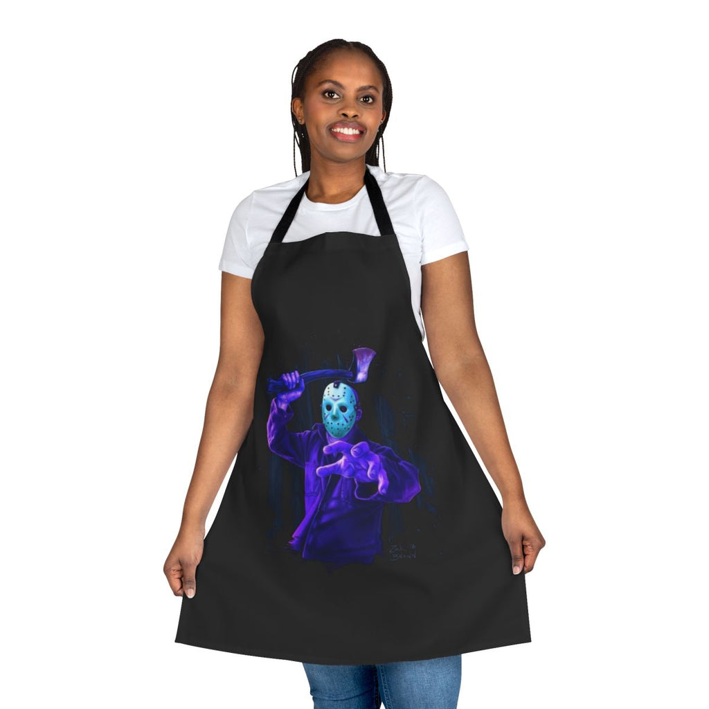 8-bit horror movie themed kitchen apron with a hockey mask design