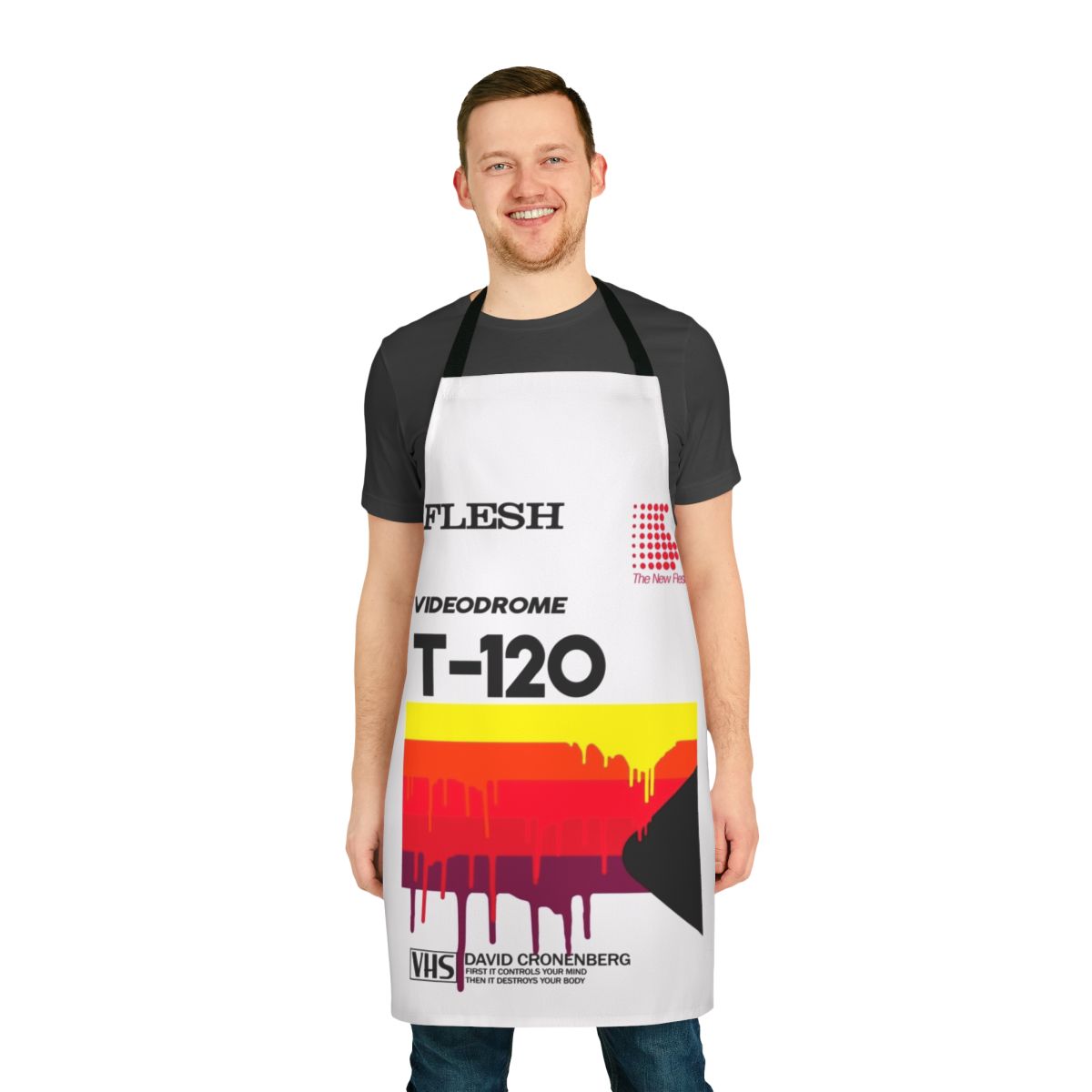 Apron featuring the iconic Videodrome movie logo and design, perfect for horror fans and movie enthusiasts.