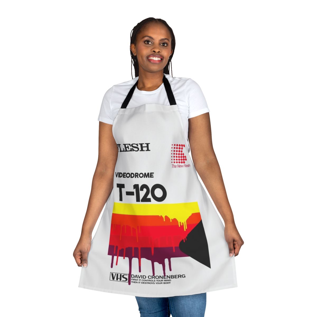Apron featuring the iconic Videodrome movie logo and design, perfect for horror fans and movie enthusiasts.