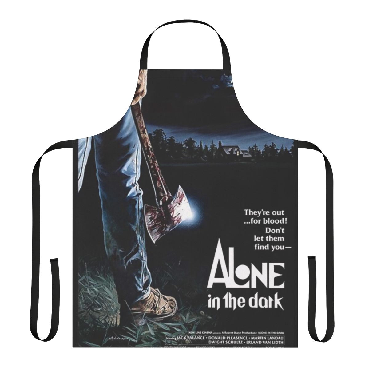 Retro horror movie-themed apron with vintage 1970s and 1980s monster film artwork