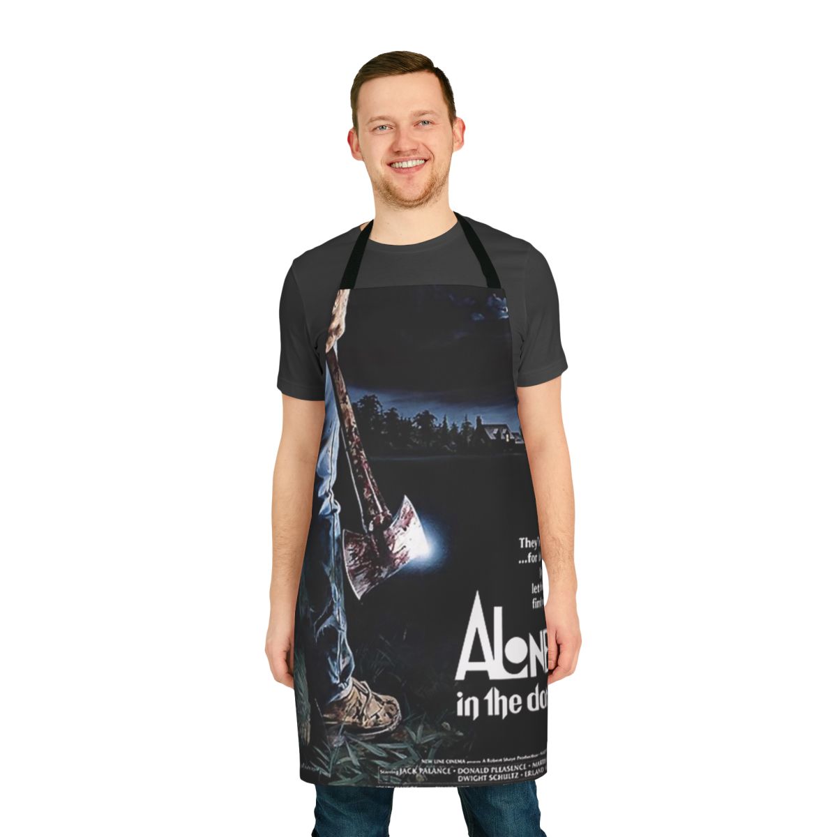 Retro horror movie-themed apron with vintage 1970s and 1980s monster film artwork