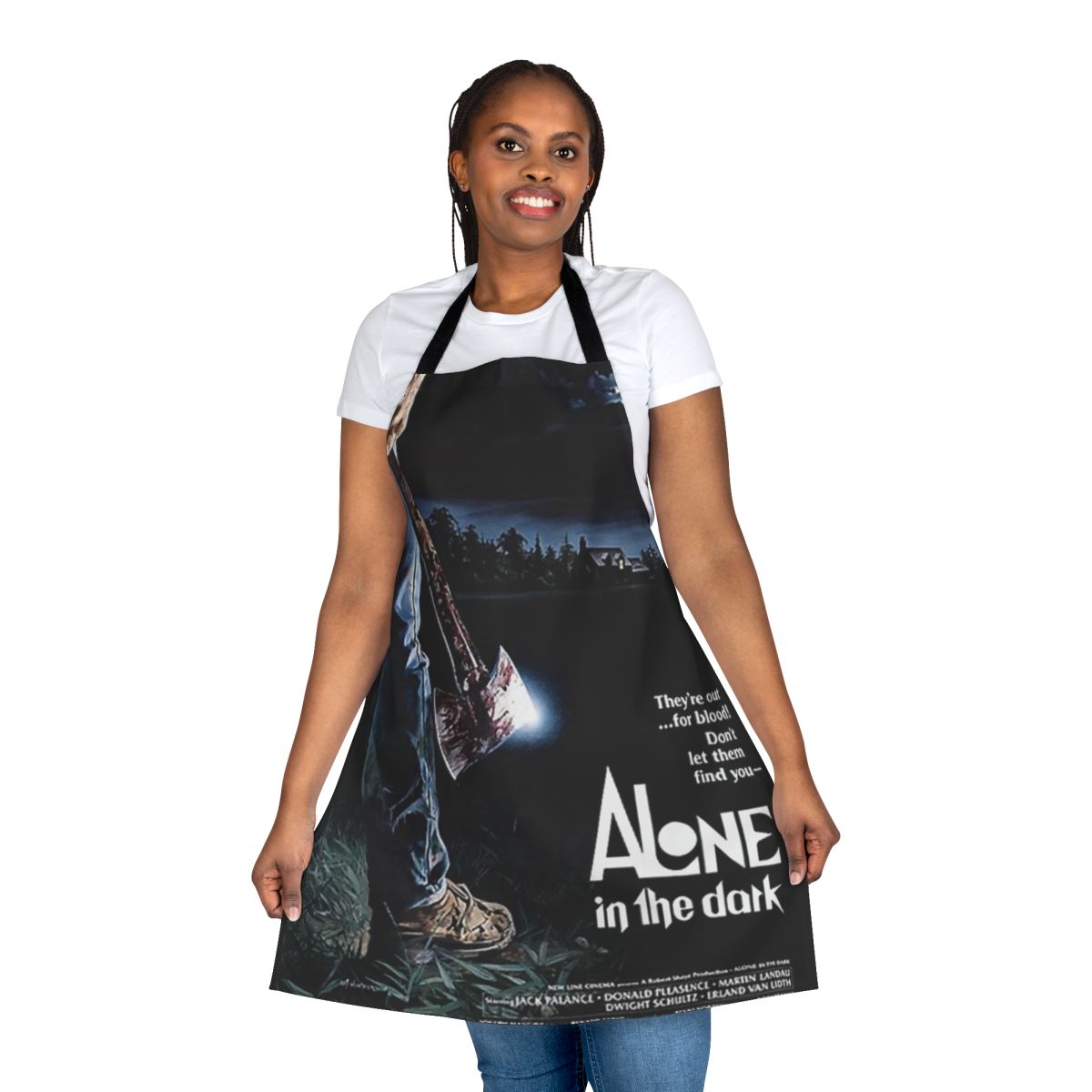 Retro horror movie-themed apron with vintage 1970s and 1980s monster film artwork
