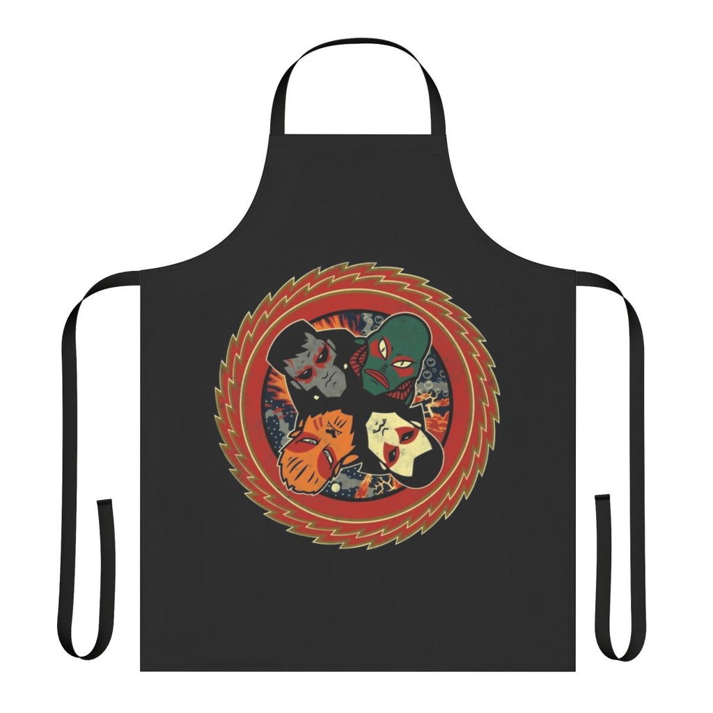 Apron featuring iconic horror movie characters like Wolfman, Dracula, and Frankenstein's Monster in a retro rock band design
