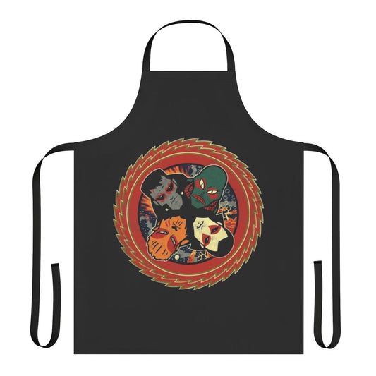 Apron featuring iconic horror movie characters like Wolfman, Dracula, and Frankenstein's Monster in a retro rock band design