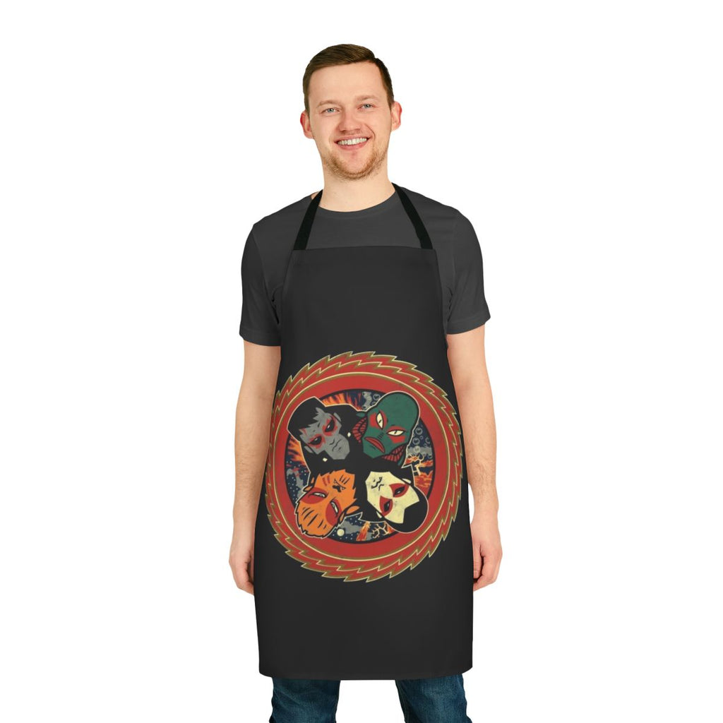 Apron featuring iconic horror movie characters like Wolfman, Dracula, and Frankenstein's Monster in a retro rock band design