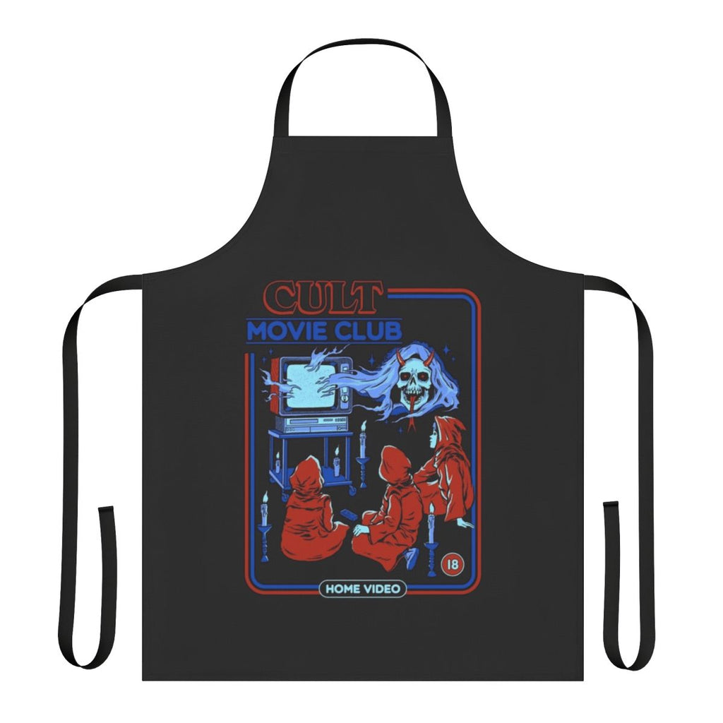 Retro horror movie club apron featuring a vintage, cult movie-inspired design