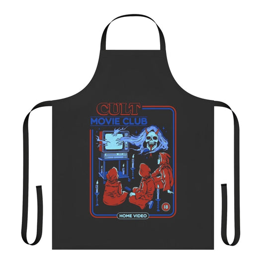 Retro horror movie club apron featuring a vintage, cult movie-inspired design