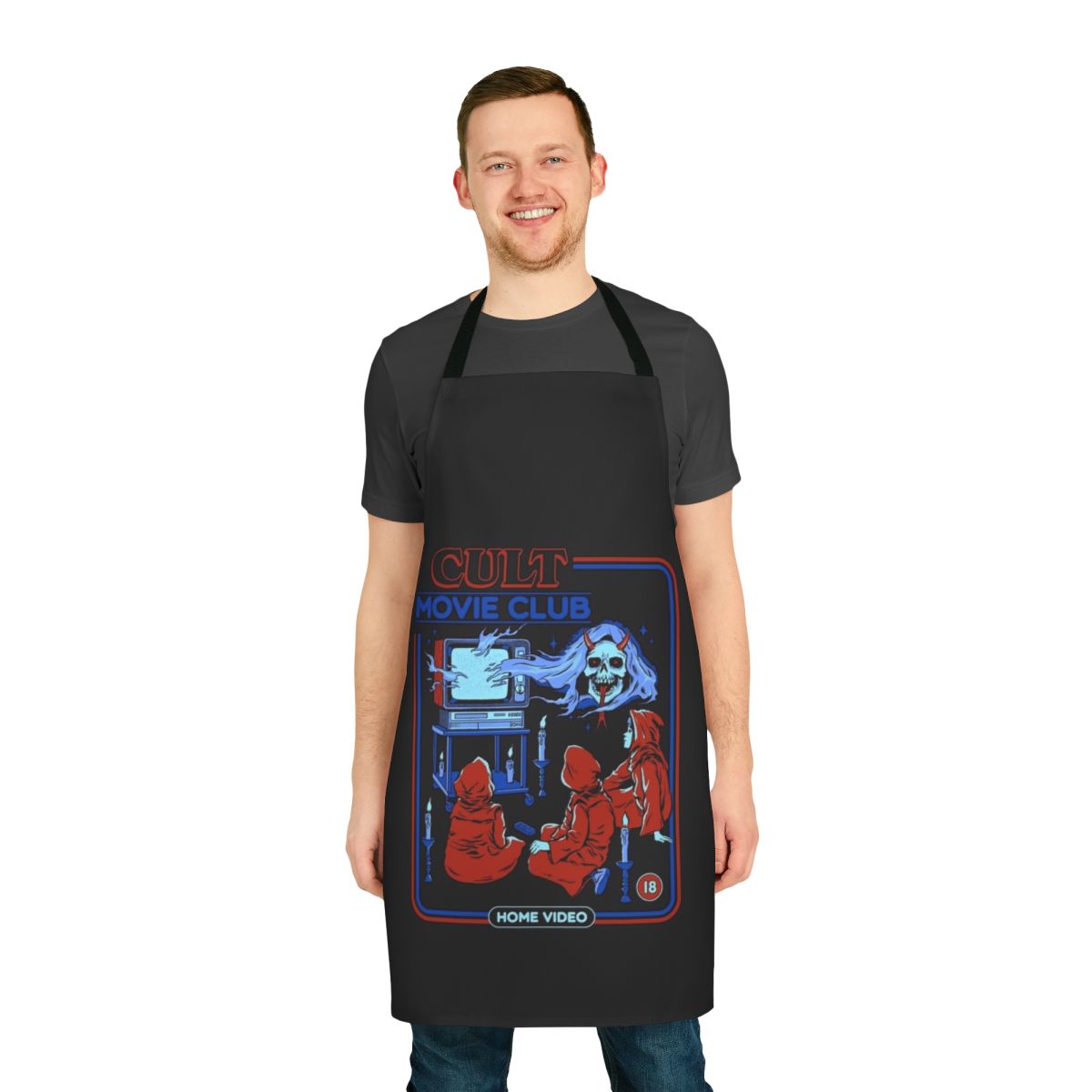 Retro horror movie club apron featuring a vintage, cult movie-inspired design