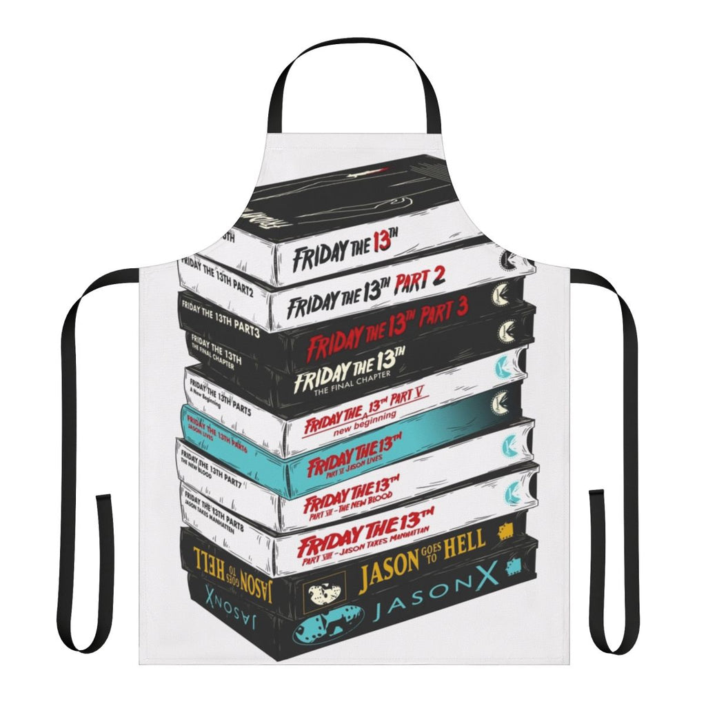 Apron featuring a vintage VHS stack design inspired by the Friday the 13th horror movie franchise