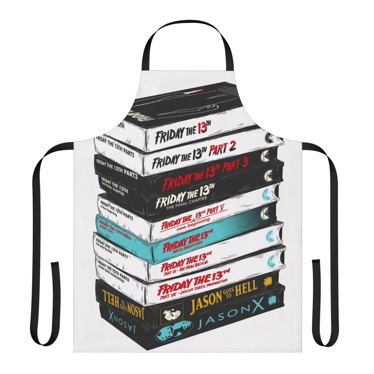 Apron featuring a vintage VHS stack design inspired by the Friday the 13th horror movie franchise