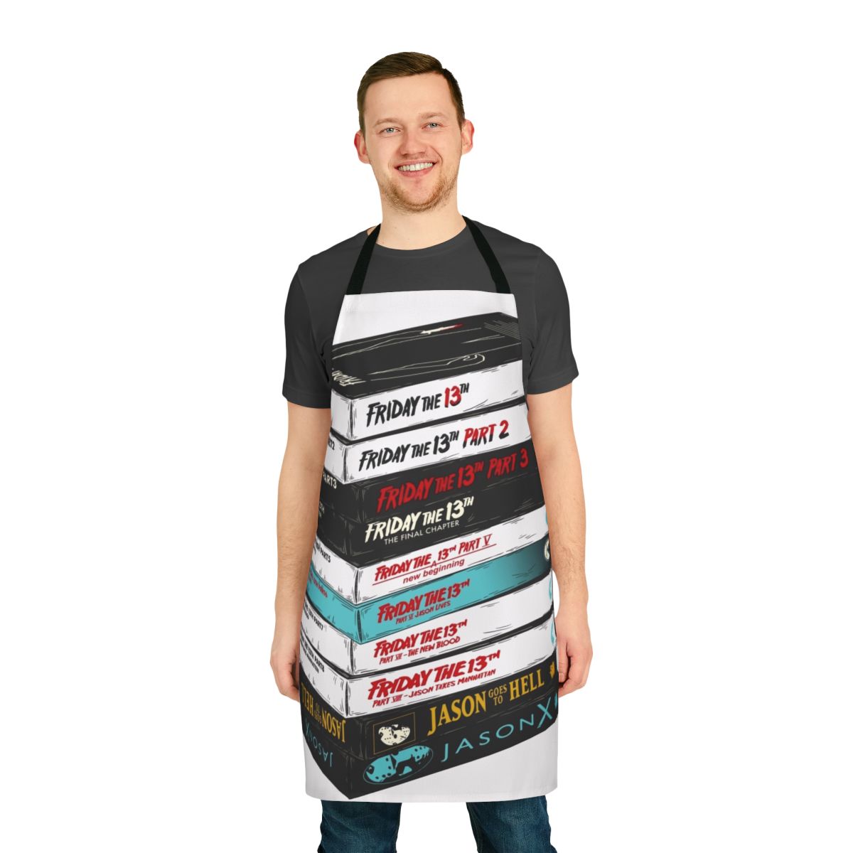 Apron featuring a vintage VHS stack design inspired by the Friday the 13th horror movie franchise
