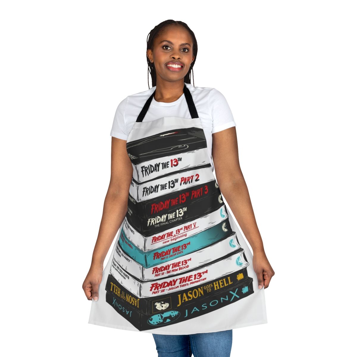 Apron featuring a vintage VHS stack design inspired by the Friday the 13th horror movie franchise