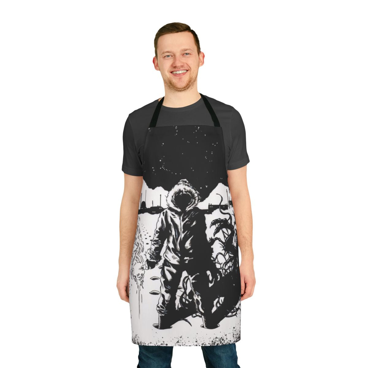Retro horror movie inspired apron with a design reminiscent of The Thing by John Carpenter.