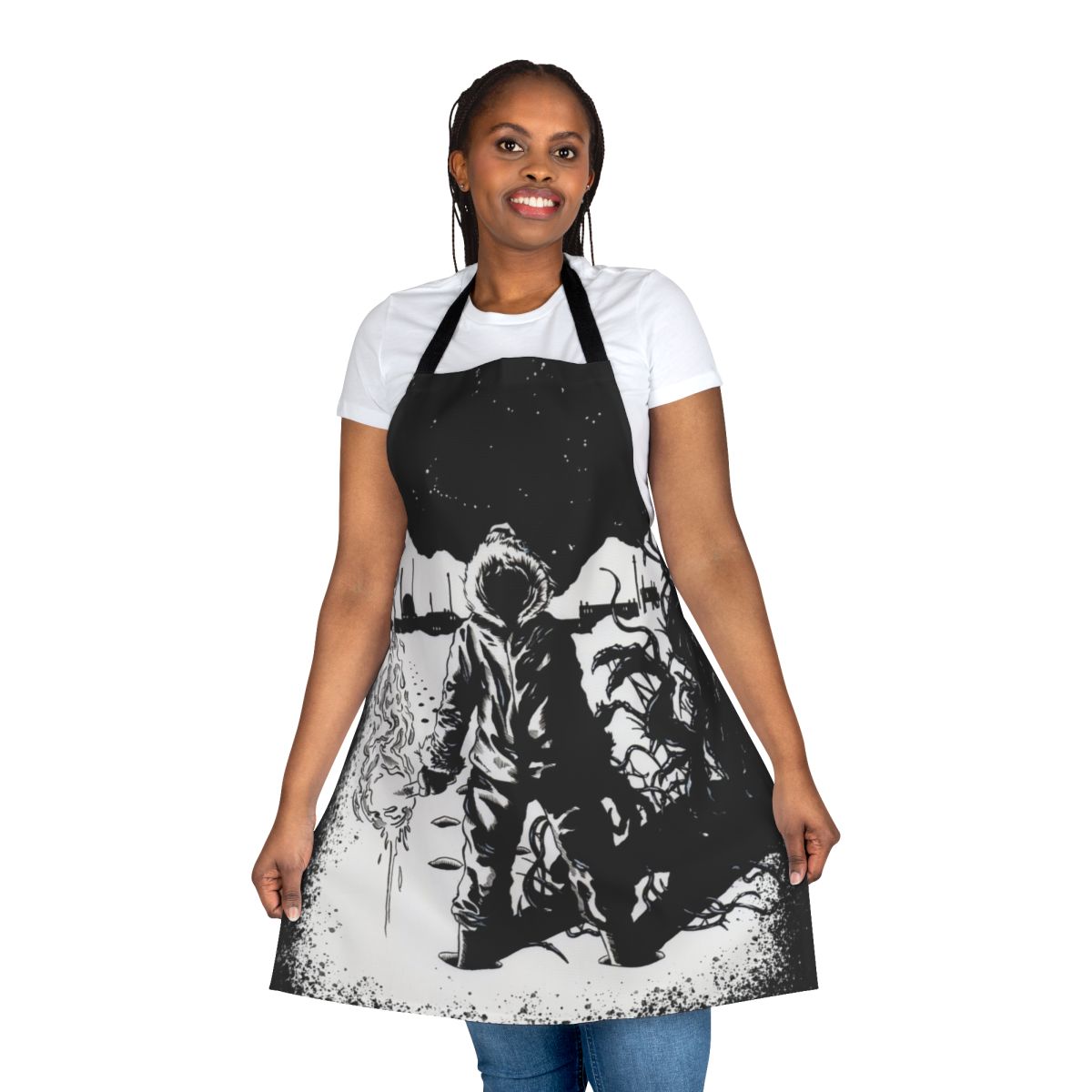 Retro horror movie inspired apron with a design reminiscent of The Thing by John Carpenter.