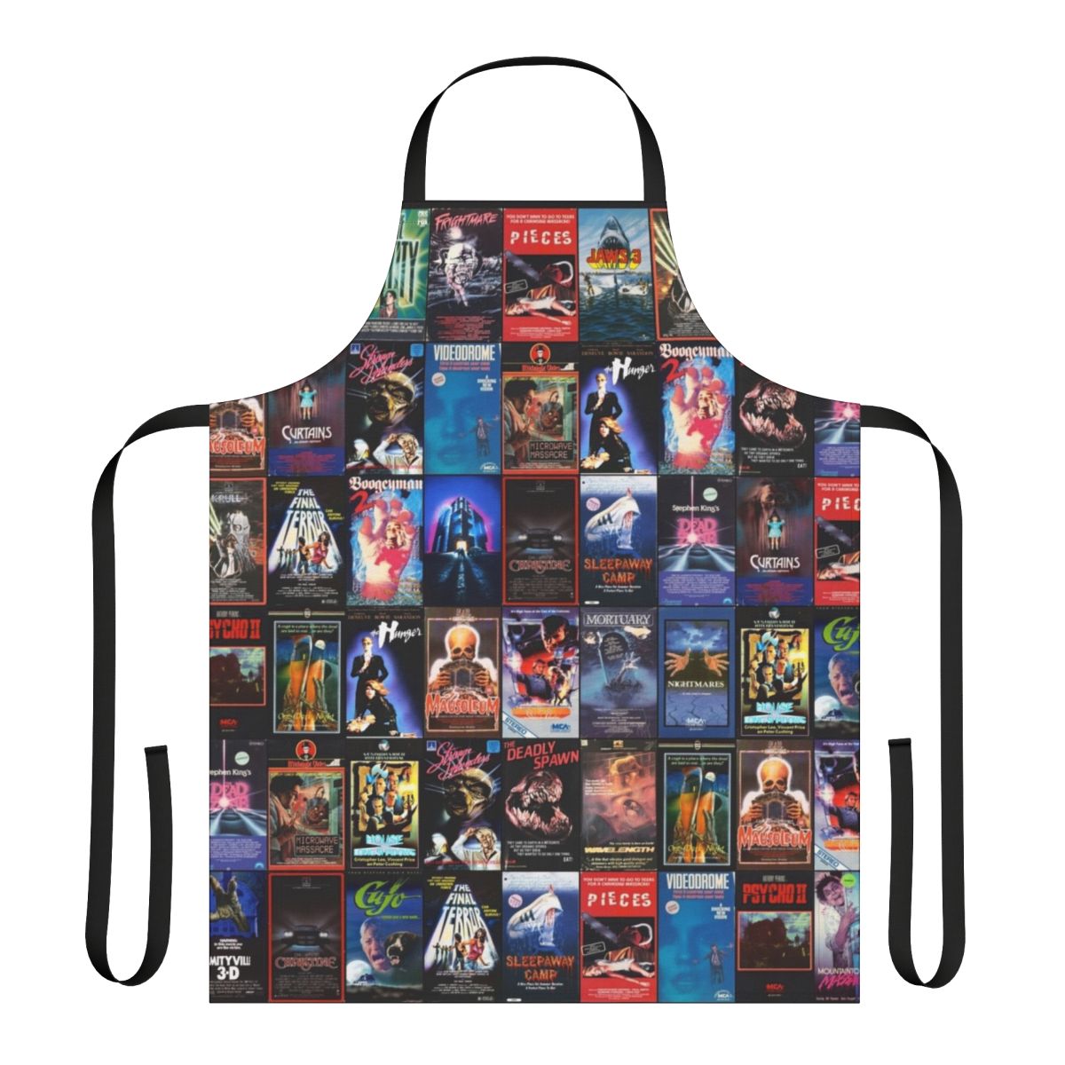 Retro horror movie VHS artwork printed on a durable kitchen apron
