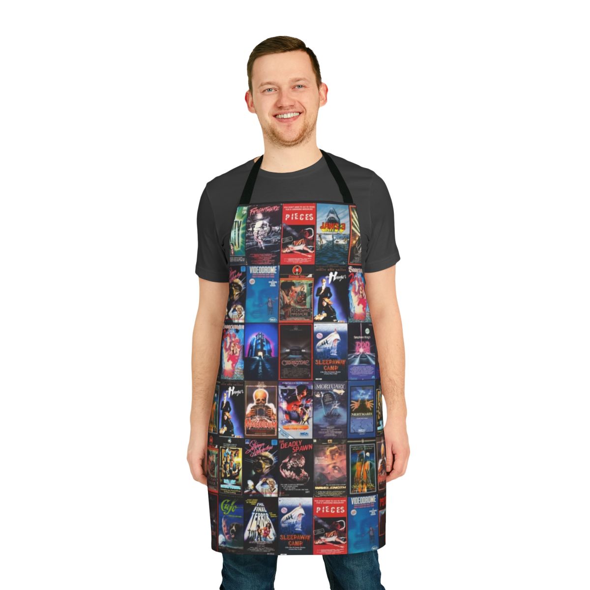 Retro horror movie VHS artwork printed on a durable kitchen apron