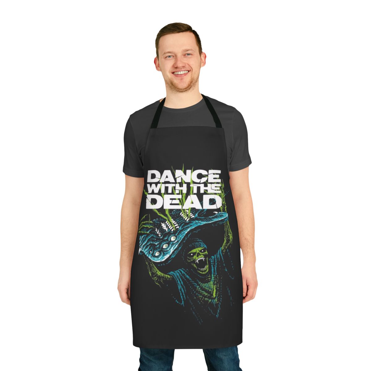Retro horror-themed apron with synth wave design