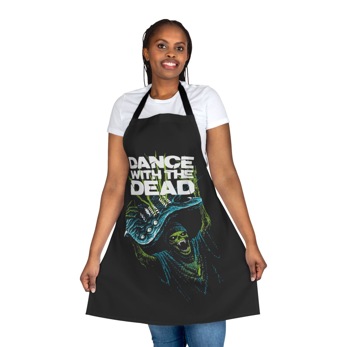 Retro horror-themed apron with synth wave design