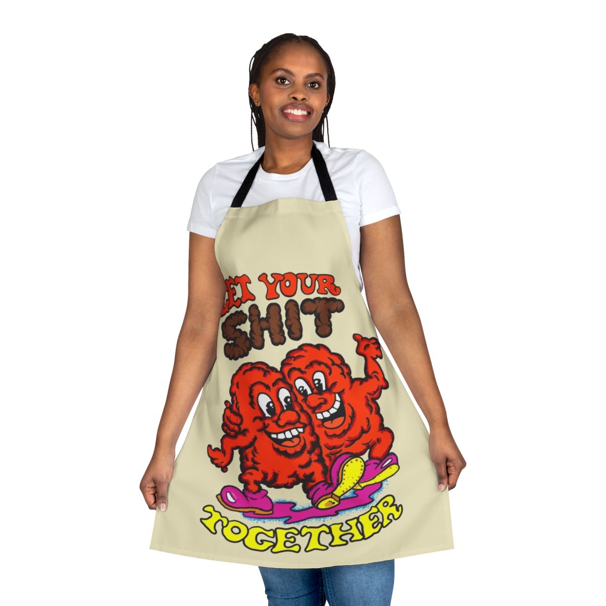 Retro-style apron with "Get Your Shit Together" text and vintage-inspired design