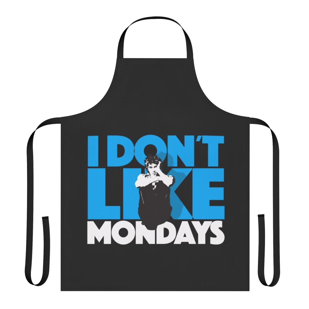 Retro "I Don't Like Mondays" inspired apron with punk, new wave, and 80s design elements