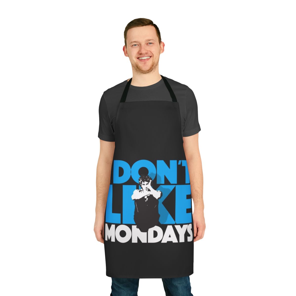 Retro "I Don't Like Mondays" inspired apron with punk, new wave, and 80s design elements