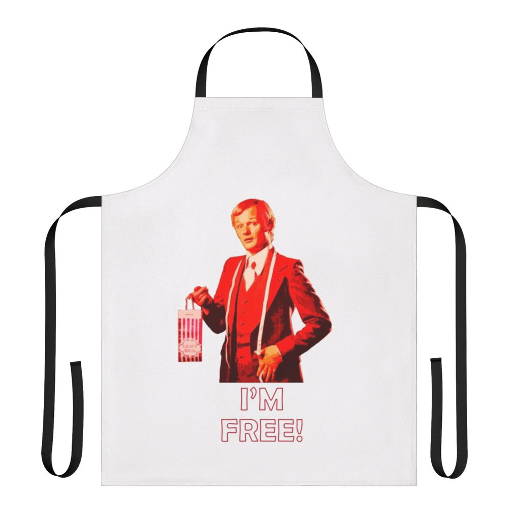 Retro-style "I'm Free" apron with a camp, comedy theme