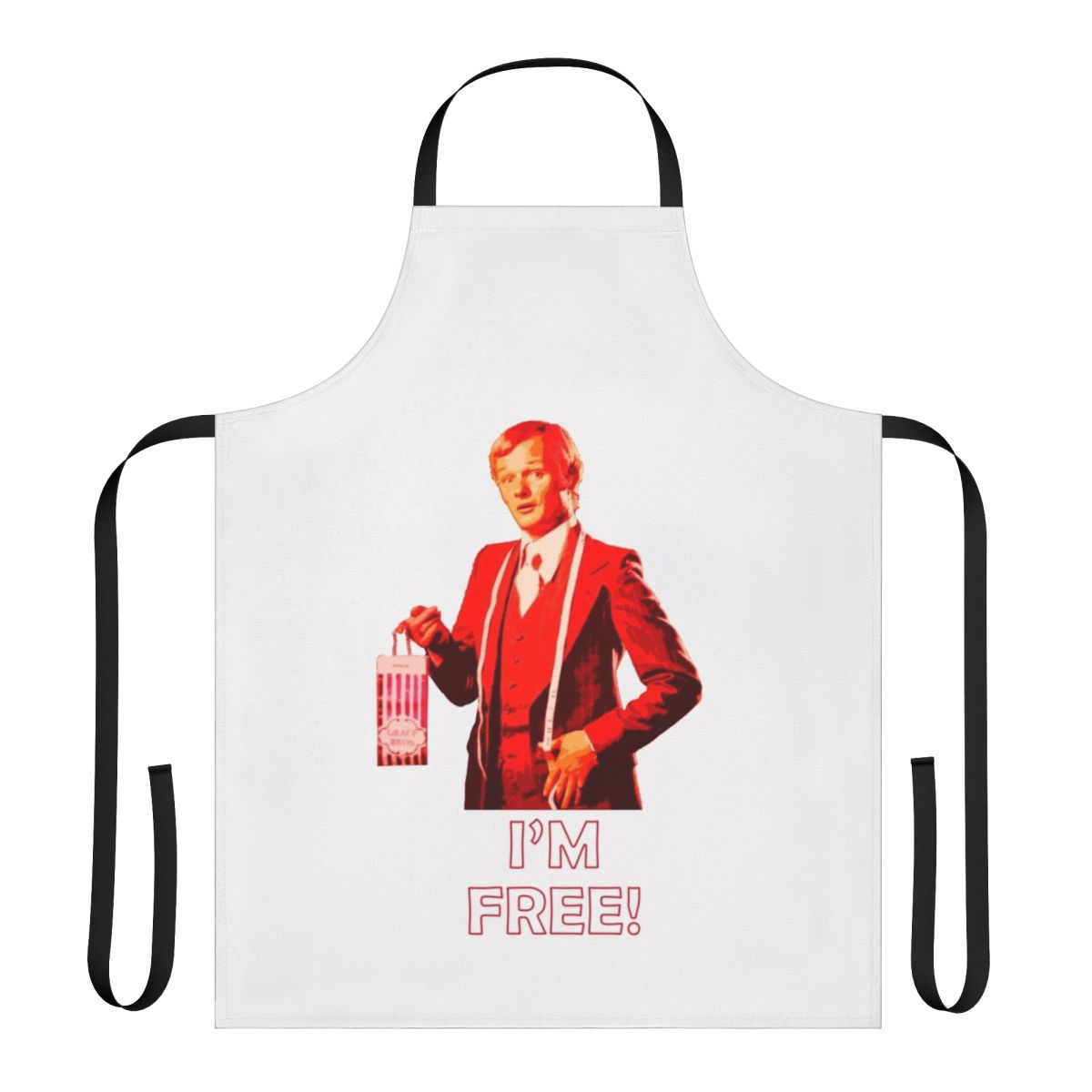 Retro-style "I'm Free" apron with a camp, comedy theme