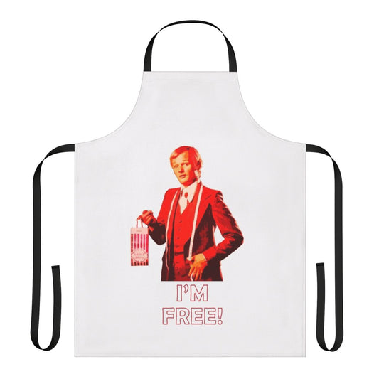 Retro-style "I'm Free" apron with a camp, comedy theme