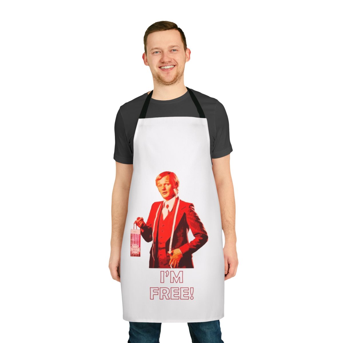 Retro-style "I'm Free" apron with a camp, comedy theme