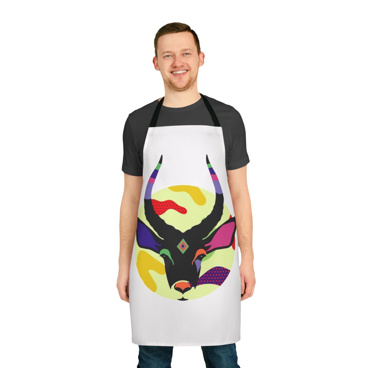 Retro-style apron featuring an illustration of an impala, an African antelope