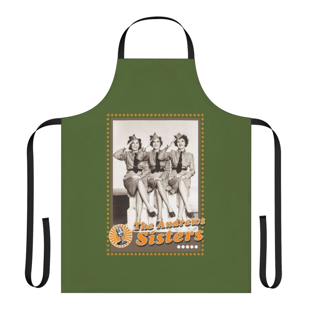 Vintage-inspired apron featuring the Andrews Sisters, the iconic 1940s American singing trio