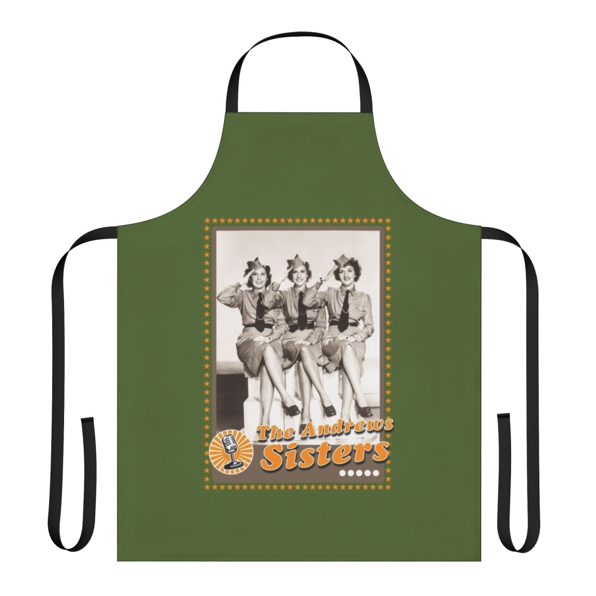 Vintage-inspired apron featuring the Andrews Sisters, the iconic 1940s American singing trio