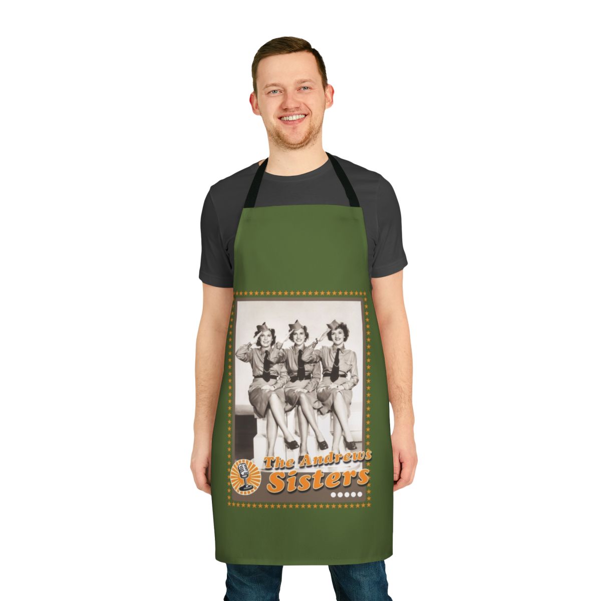 Vintage-inspired apron featuring the Andrews Sisters, the iconic 1940s American singing trio