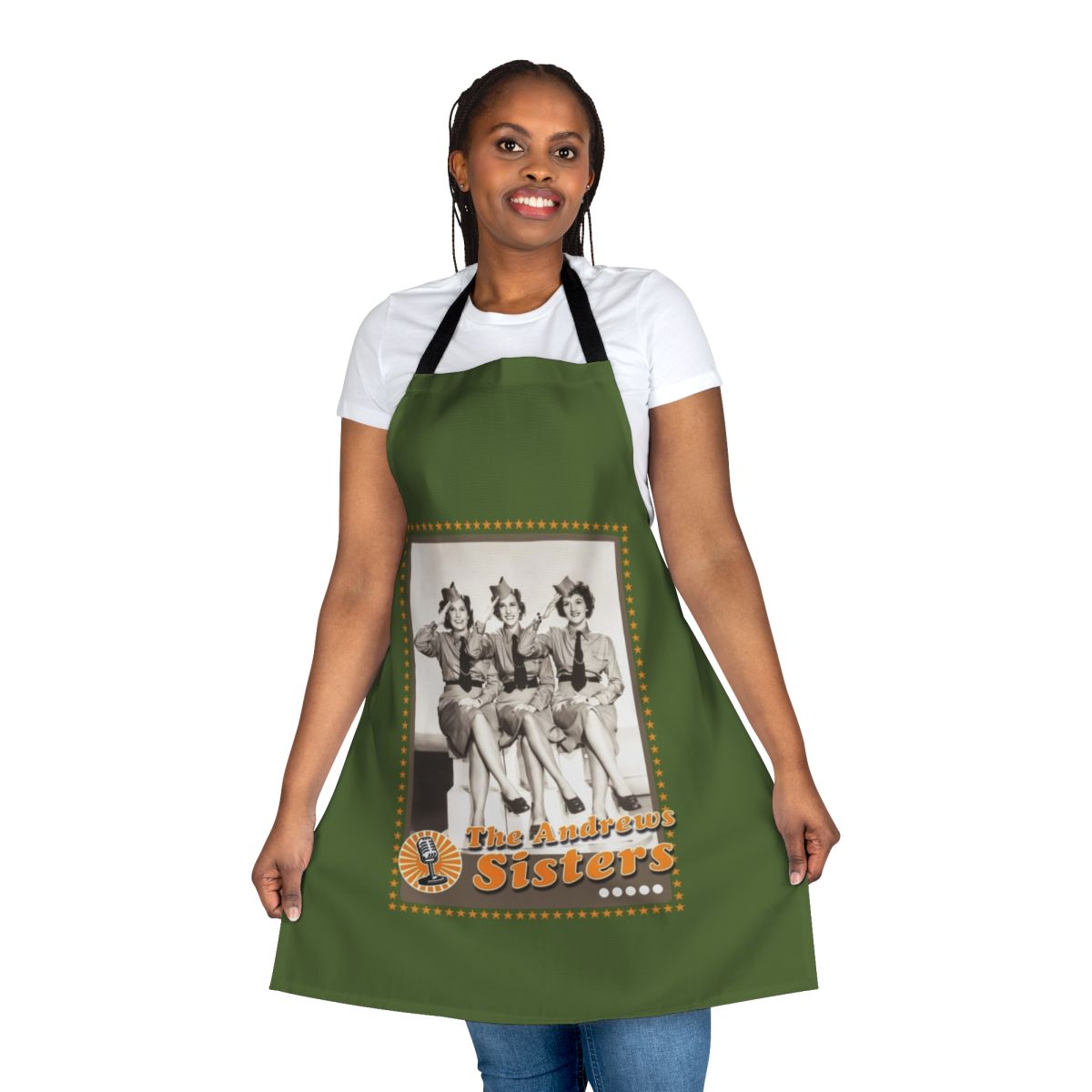 Vintage-inspired apron featuring the Andrews Sisters, the iconic 1940s American singing trio