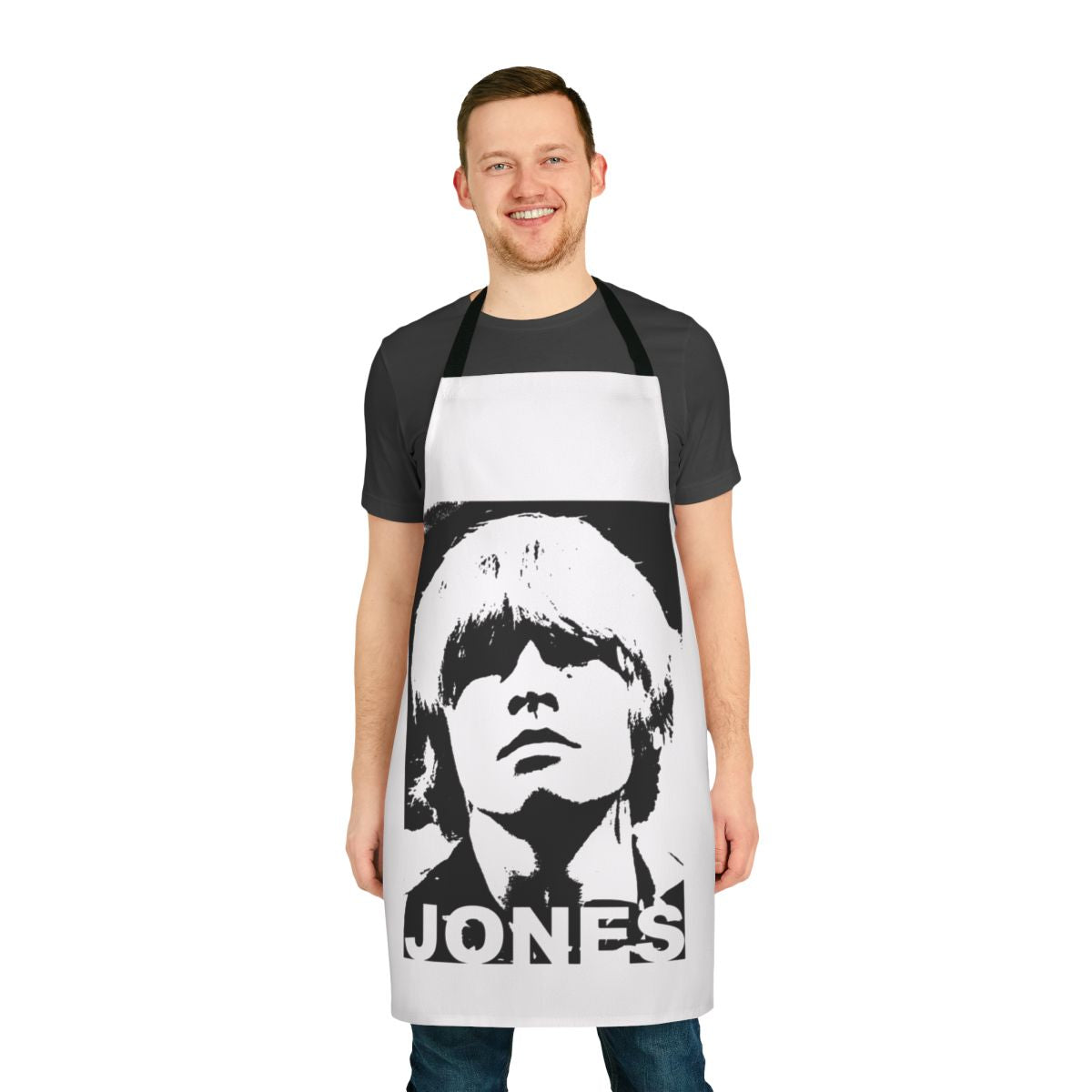 Retro 1960s music-themed apron featuring Brian Jones of The Rolling Stones