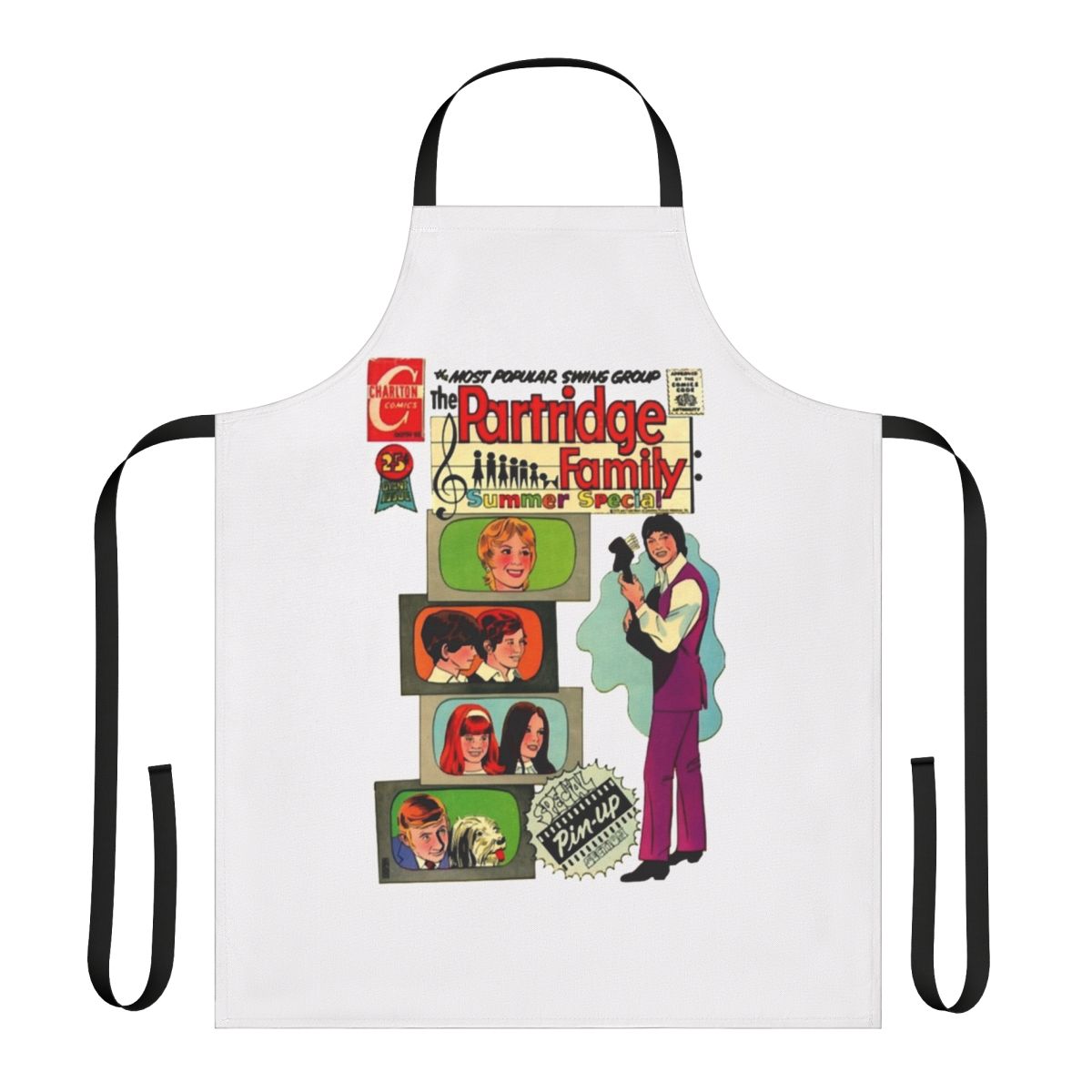 Retro-inspired 1970s-style apron with a music and band theme